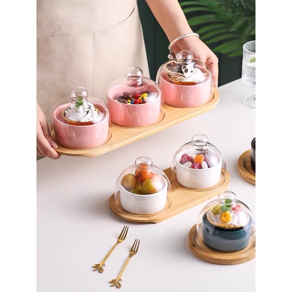 Bộ hũ đựng hoa quả sứ kèm khay tre decor trang trí đẹp