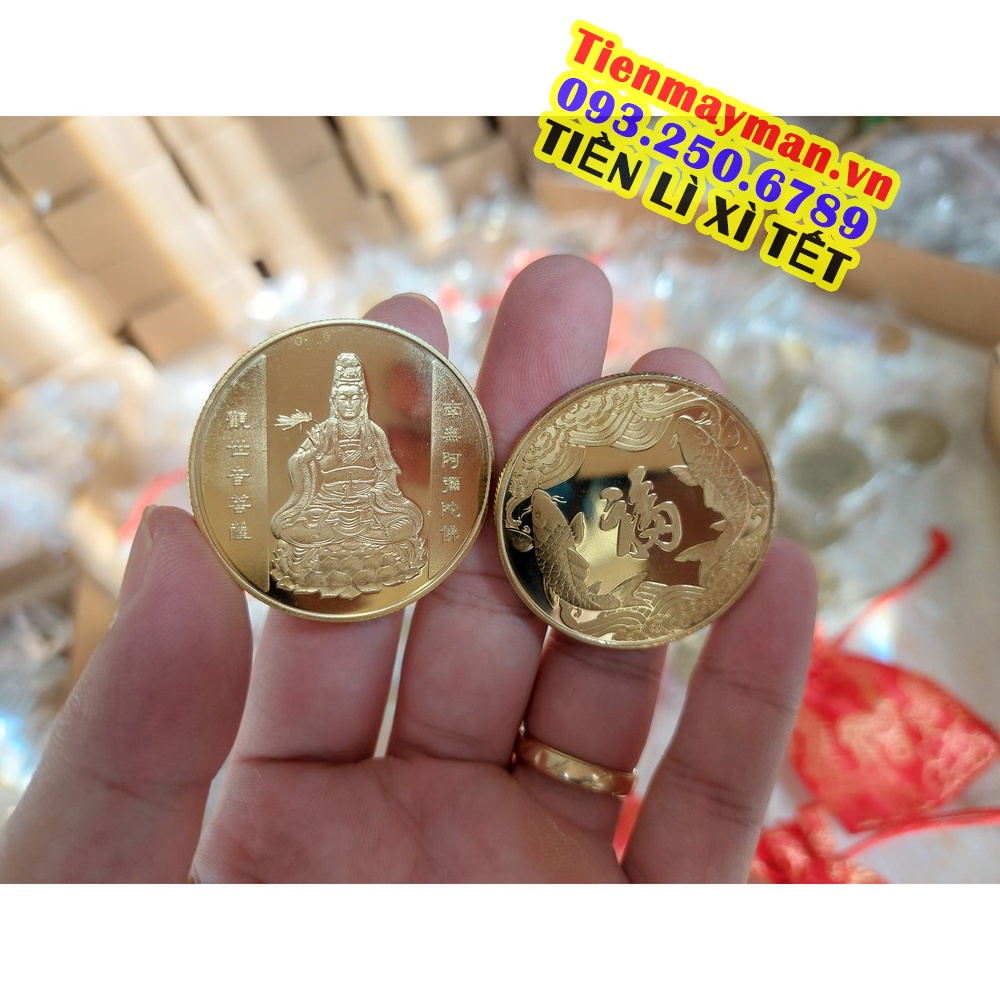 Đồng Xu Quan Âm Bồ Tát Phong Thuỷ May Mắn Tặng Kèm Túi Gấm