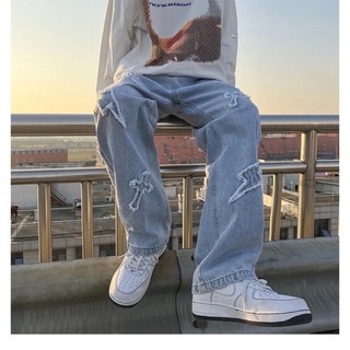 Quần Jeans Baggy Nam Nữ Phối Hình Thêu Nổi, Chất Vải Bò Màu Xanh Và Đen, From Rộng Dáng Suông Thời Trang Unisex
