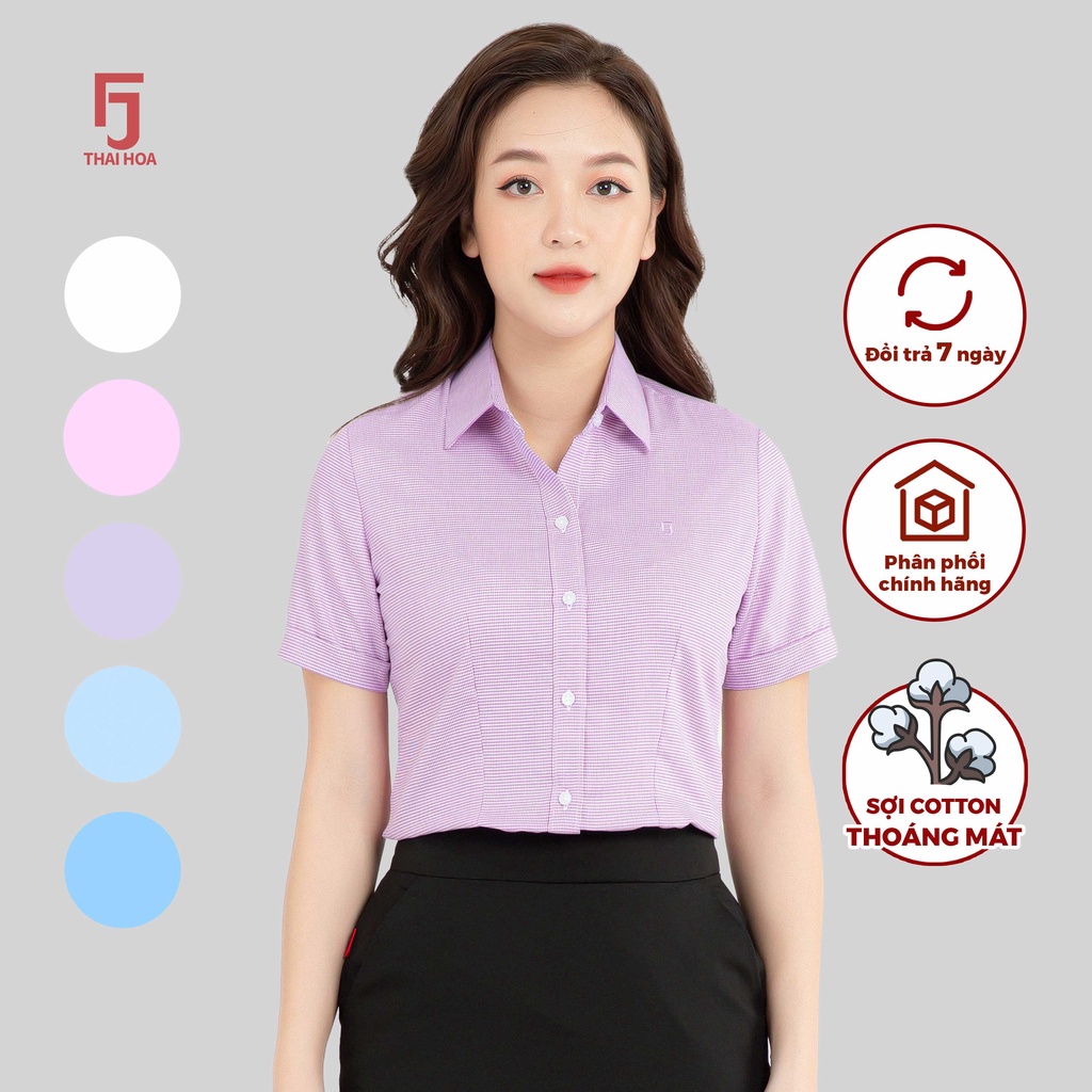 Áo sơ mi R05 ngắn tay nữ vải cotton kẻ nhuyễn form ôm các màu Thái Hòa