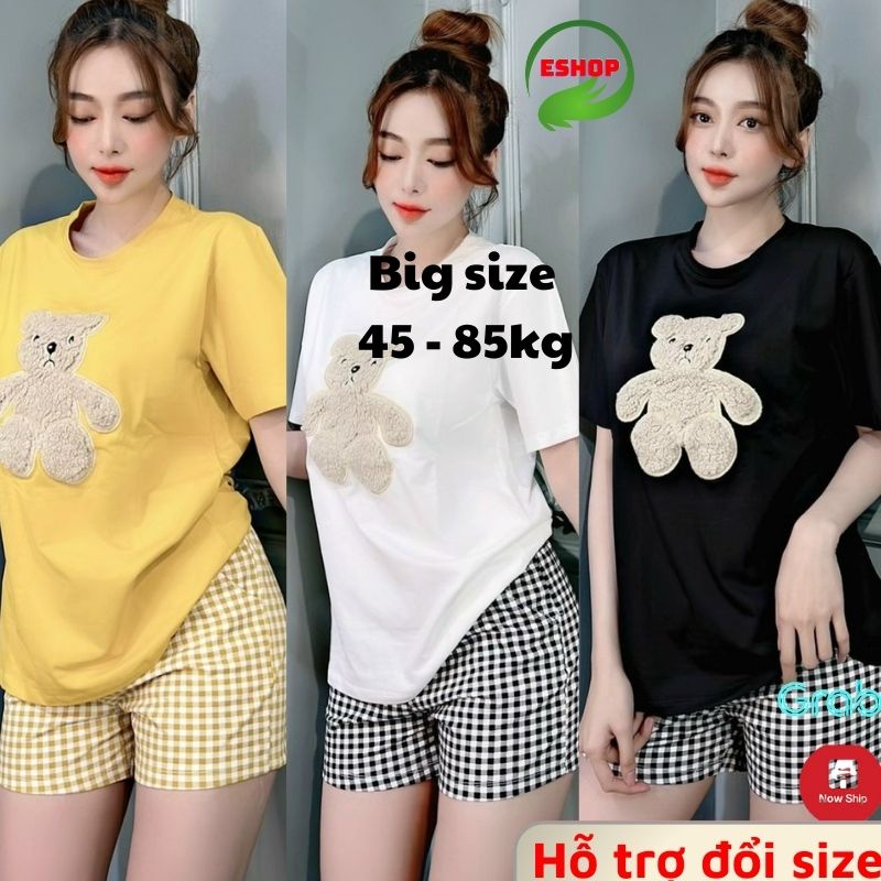 Đồ bộ nữ mặc nhà ESHOP đồ bộ mặc nhà bigsize áo thun cotton gấu thêu quần đùi caro dễ thương đi chơi ngủ cute DB50
