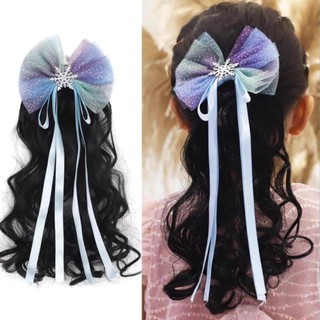 Kẹp Tóc Giả Xoăn Sóng Dài Gắn Nơ Xanh Xinh Xắn Dành Cho Bé Gái HaminStore