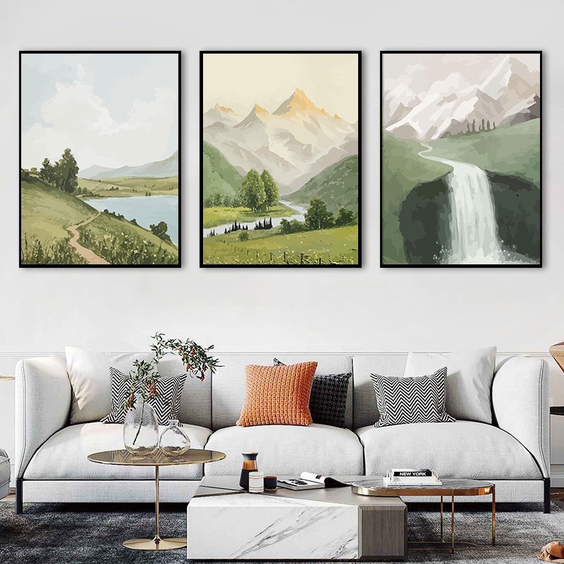 Bộ tranh sơn dầu acrylic Hamlet vải canvas tô màu theo số hình phong cảnh  triptych trang trí nghệ thuật cỡ 40*50cm