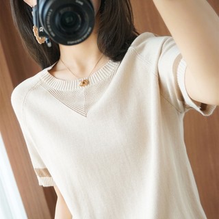 Mùa Hè Thu Quần Áo Nữ Băng Lụa Cổ Tròn Khâu Dệt Kim Đáy Quần Áo Nữ Tay Ngắn Phiên Bản Hàn Quốc Màu Sắc Tương Phản Rời Ôm Hơn Áo Thun Quần Áo Nữ