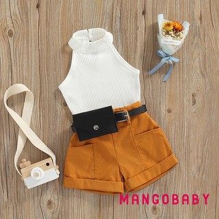 Mgg-toddler Girls 3 Bộ trang phục mùa hè, Áo dây không tay + Quần short + Bộ túi thắt lưng