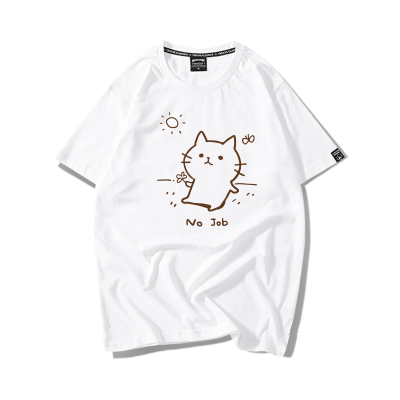 Áo Thun Nữ Tay Lỡ HappyFamily In Hình Chú Mèo Đáng Yêu Ngộ Nghĩnh No Job Cotton 100 Cao Cấp