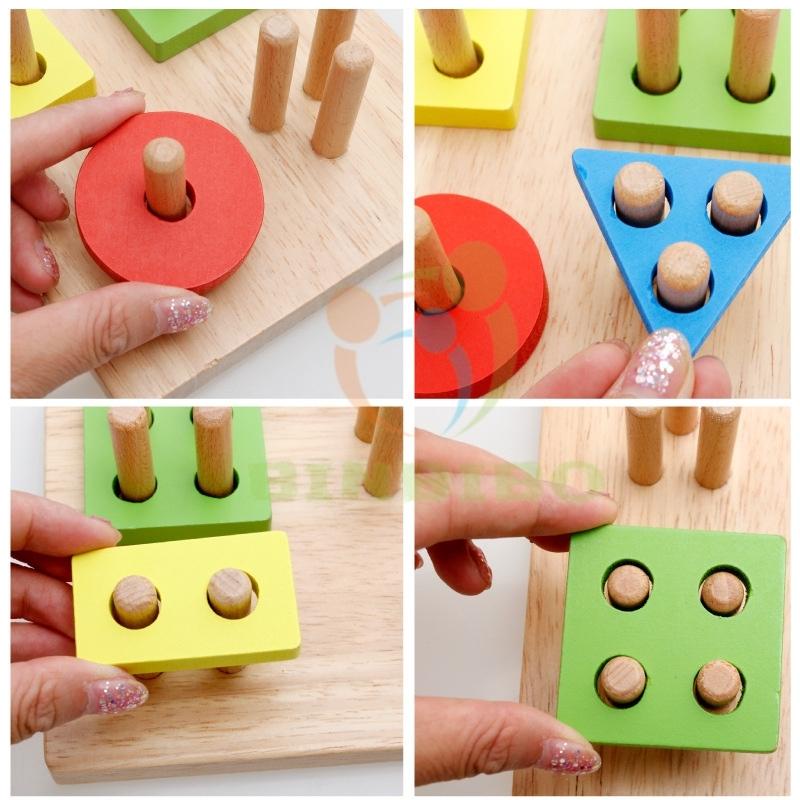 Thả hình khối 4 cọc bằng gỗ đồ chơi Montessori phát triển trí tuệ giúp bé phân biệt hình khối và màu sắc