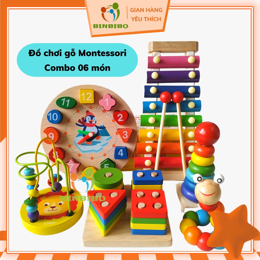 Combo 6 món đồ chơi gỗ Montessori phát triển trí tuệ cho bé - Binbibo
