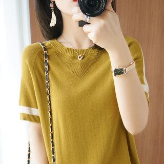Mùa Hè Thu Quần Áo Nữ Băng Lụa Cổ Tròn Khâu Dệt Kim Đáy Quần Áo Nữ Tay Ngắn Phiên Bản Hàn Quốc Màu Sắc Tương Phản Rời Ôm Hơn Áo Thun Quần Áo Nữ
