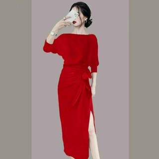 Đầm dự tiệc trung niên phom ôm body cổ thuyền nơ cao cấp
