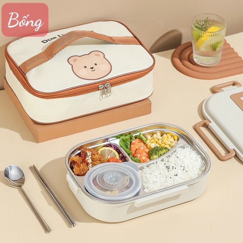 Hộp đựng cơm giữ nhiệt Dear Bear cao cấp chất liệu inox 304  tặng kèm túi giữ nhiệt.