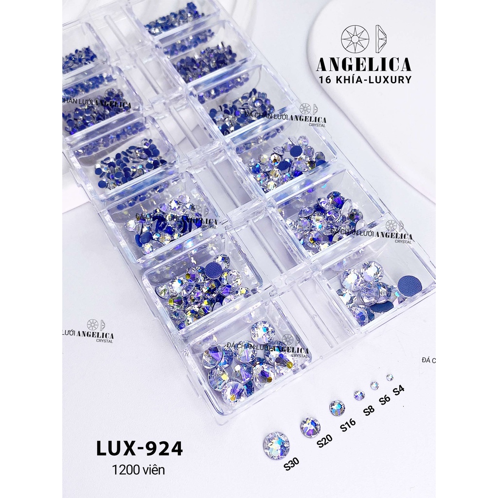 Khay đá nail Luxury chân lưới 16 khía đủ màu cao cấp mix size đá đính trang trí móng ANGELICA LUX