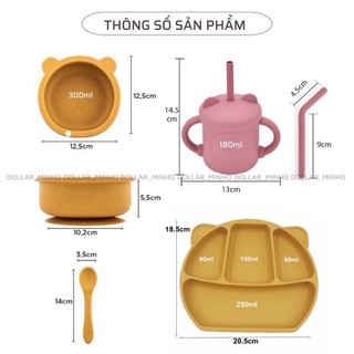 <Tặng nắp> Set ăn dặm khay size nhỏ 5 món bằng silicon cao cấp cho bé gồm bát, khay, yếm, thìa Minho
