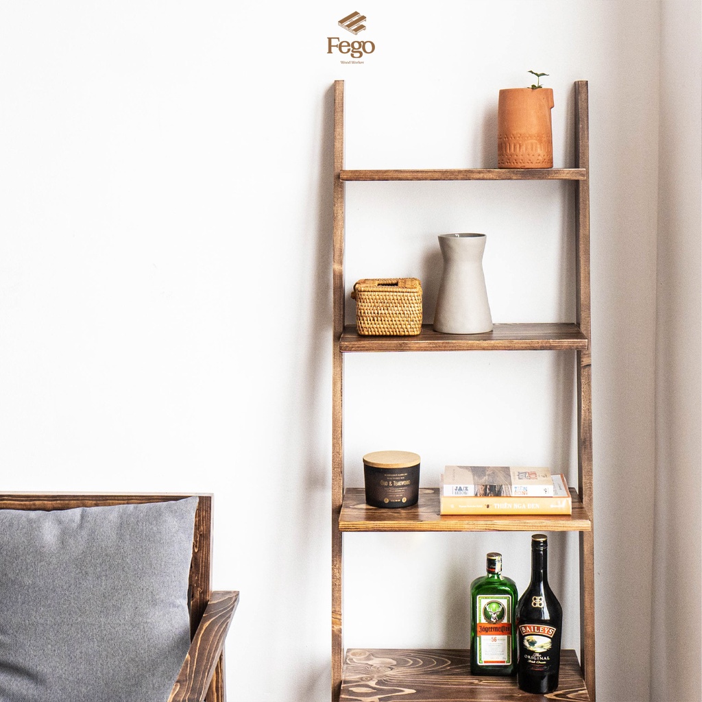 Ảnh Kệ thang FEGO 5 tầng để sách gỗ thông tự nhiên trang trí phòng khách, phòng làm việc 2
