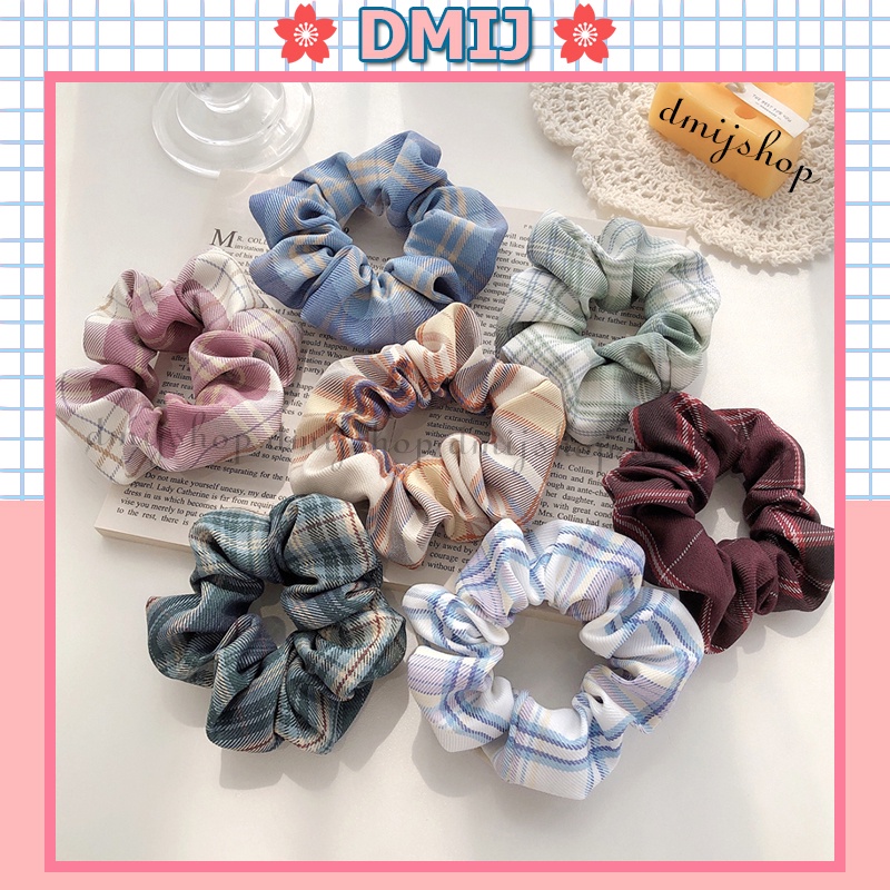 Cột Tóc Vải Scrunchies Họa Tiết Caro Vintage, Dây Buộc Tóc Scrunchies Cứng