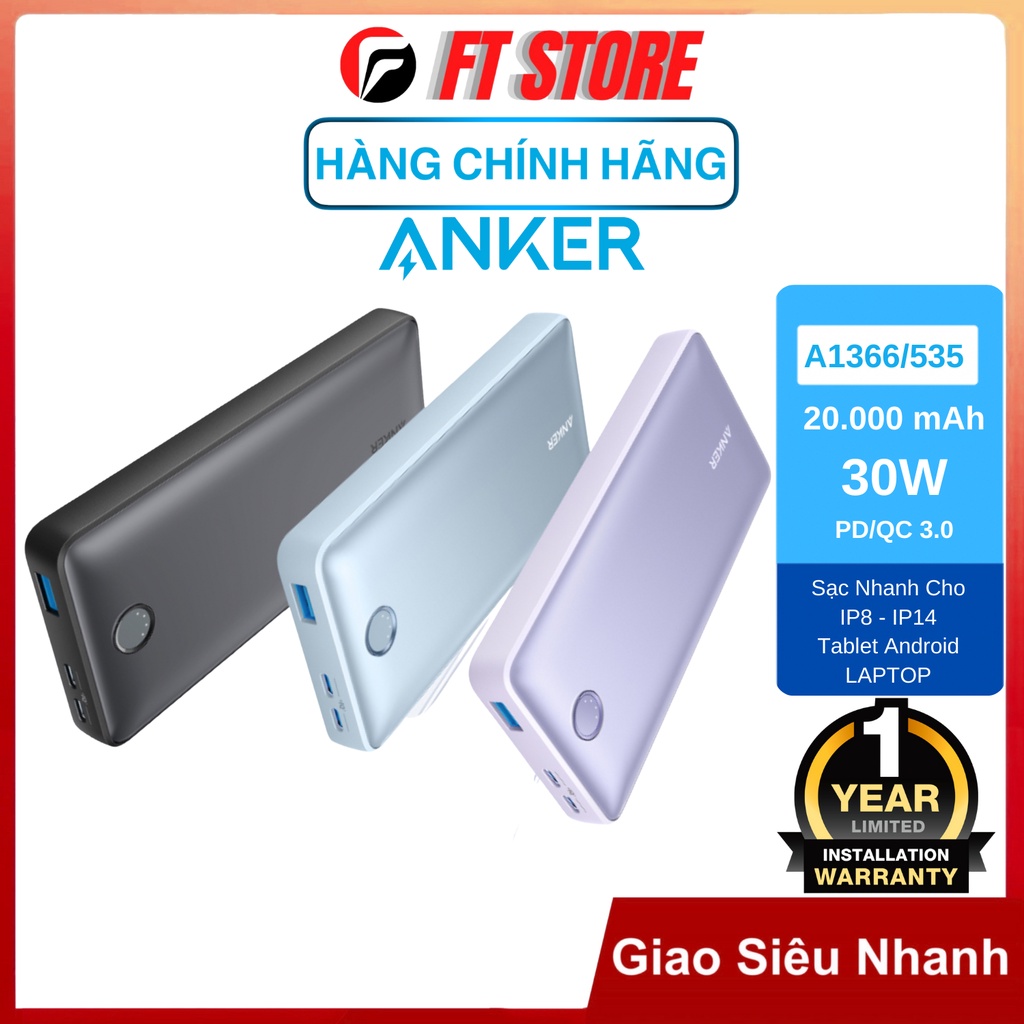 [GIAO HỎA TỐC] Pin sạc dự phòng Anker 535 20.000mAh 30w 3 Cổng 2C1A ...