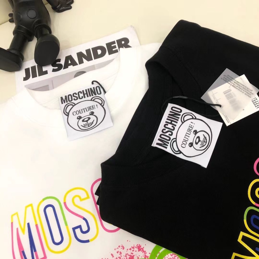 MOSCHINO Cotton Nguyên Chất Gấu Cổ Tròn Áo Thun Nam Nữ Cặp Đôi Phong Cách Cổ Nhãn + Thẻ