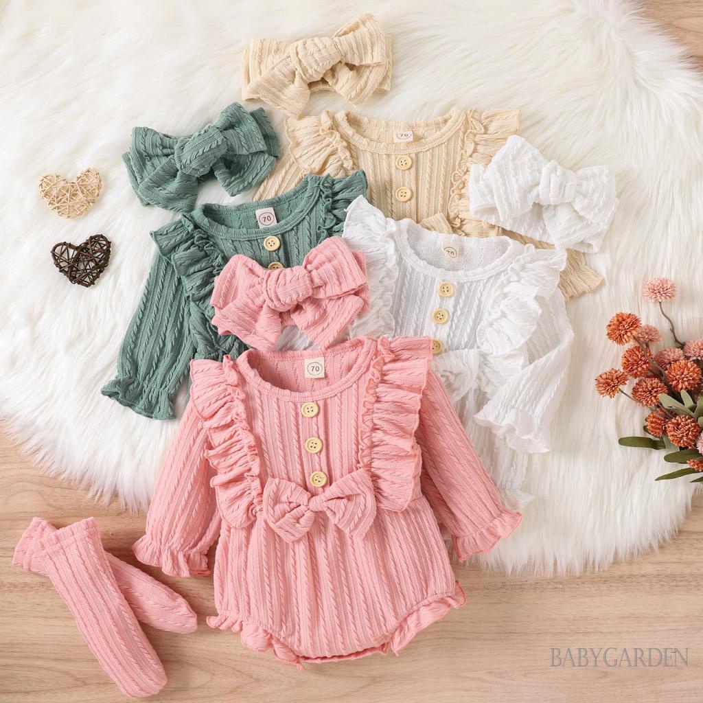 Bộ đồ 3 món gồm áo liền quần tay dài có diềm xếp nếp trước + tất + băng đô cho bé gái 0-12 tháng tuổi