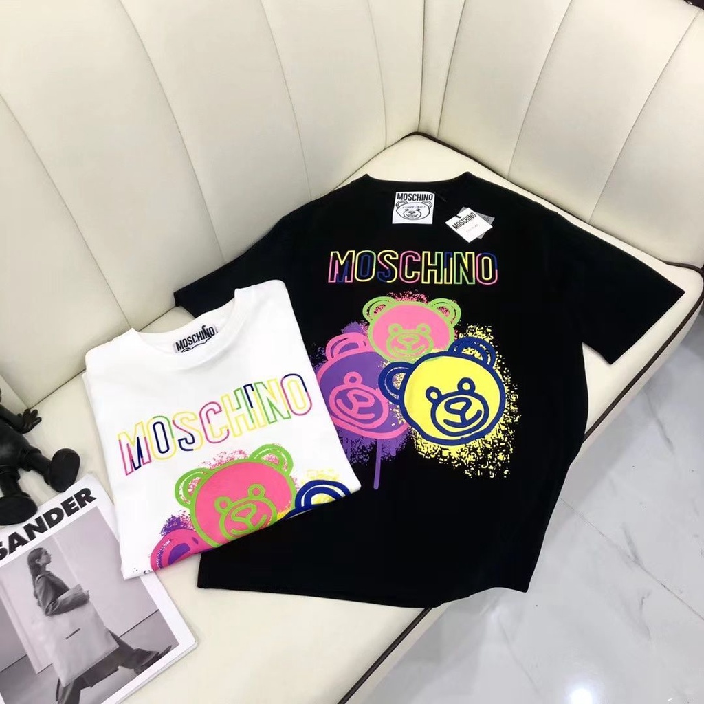 MOSCHINO Cotton Nguyên Chất Gấu Cổ Tròn Áo Thun Nam Nữ Cặp Đôi Phong Cách Cổ Nhãn + Thẻ