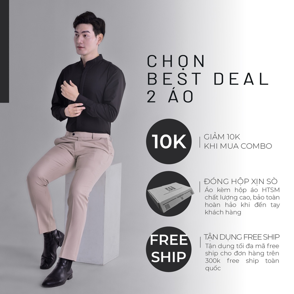 Áo sơ mi CỔ TÀU nam dài tay HTSM MAGNOR Malin vải Polyspun trơn chống nhăn, dáng slimfit che khuy