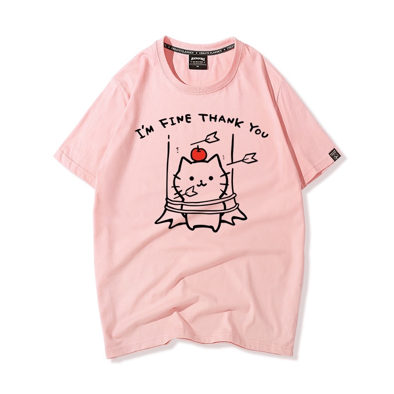 Áo Thun Nữ Tay Lỡ HappyFamily In Hình Chú Mèo Ngộ Nghĩnh I'm Fine Thank You Cotton 100 Cao Cấp