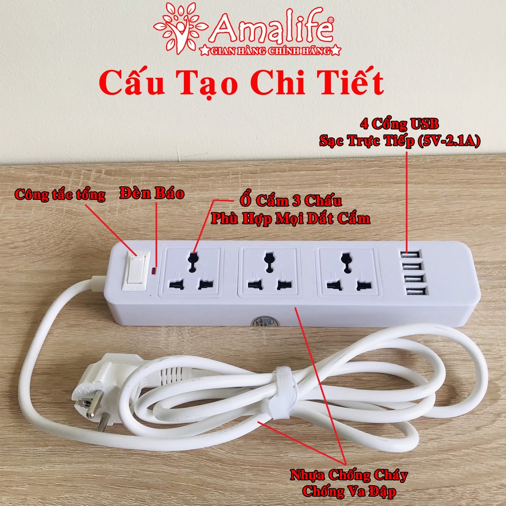 Ảnh Ổ Cắm Điện Đa Năng JW301 Có 4 Cổng USB Sạc Tối Đa 12W và Ổ Điện Chịu Tải 2500W Dây Dài 2M Chọn Màu Chính Hãng Amalife 2