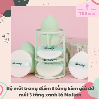 Bộ 3 mút trang điểm kèm giá đỡ mút 3 tầng xanh lá Malian