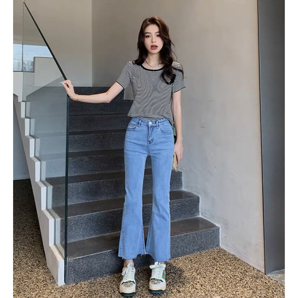 Quần Jean Ống Loe Cạp Cao Dáng Dài Siêu Hot Chất Mềm Co Giãn Tốt