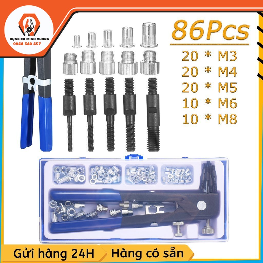 Kìm rút ốc tán Bộ 86 dụng cụ gồm đai ốc, đinh tán hệ mét và cờ lê loại ...