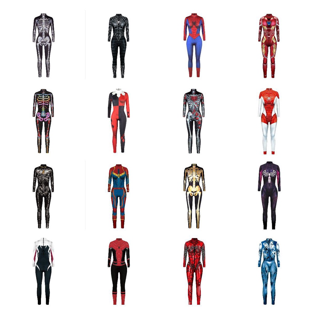 Áo liền quần cosplay nữ bằng polyester co giãn, thiết kế người nhện, Harley Quinn và Iron Man