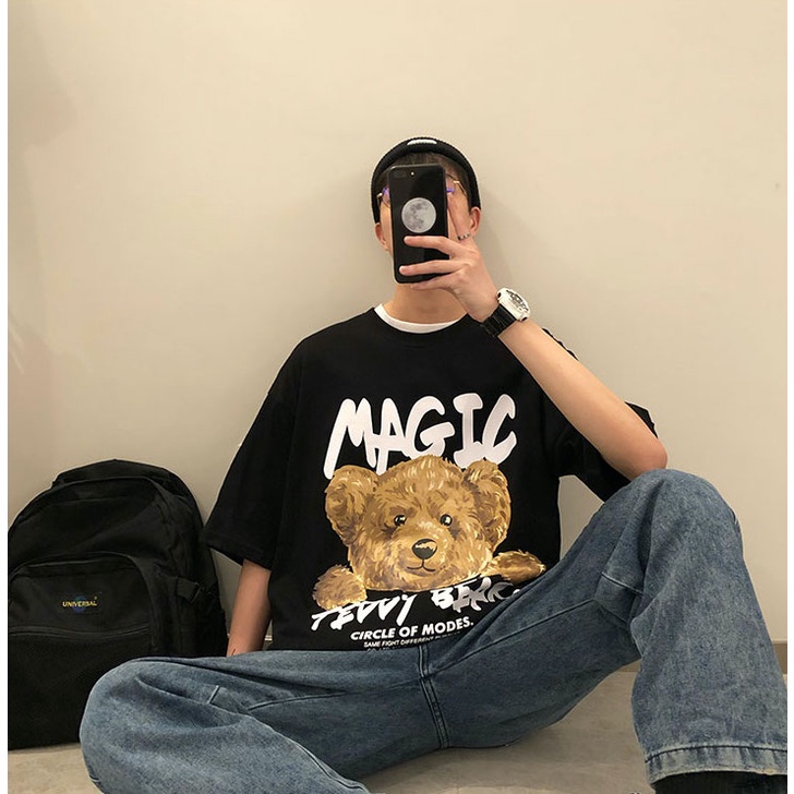Áo Thun Nam Tay Lỡ HappyFamily Form Rộng Tay Lỡ Graphic Gấu Magic Teddy Bear Chất vải cotton 100 cao cấp