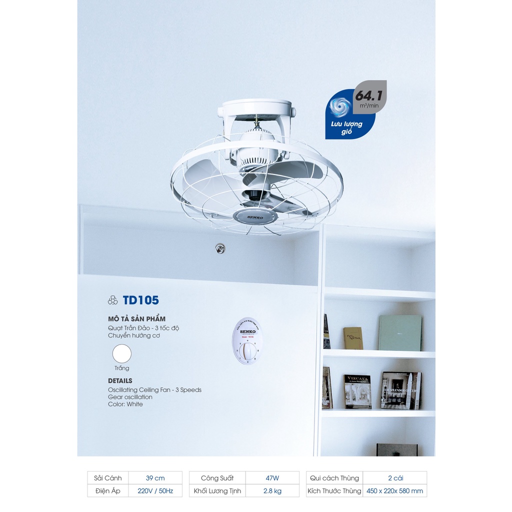 Quạt đảo trần chính hãng SENKO bảo hành 12 tháng model TD105 | Shopee ...