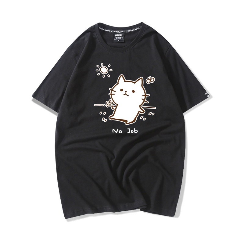 Áo Thun Nữ Tay Lỡ HappyFamily In Hình Chú Mèo Đáng Yêu Ngộ Nghĩnh No Job Cotton 100 Cao Cấp