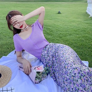 Chân Váy Chữ A Lưng Cao Co Giãn Họa Tiết Hoa Tím Phong Cách Preppy Mới Cho Nữ