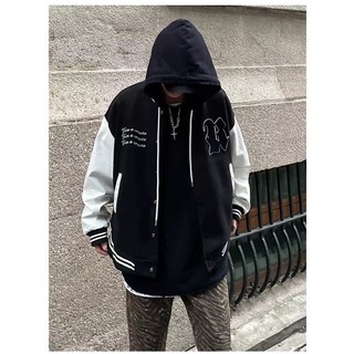 Áo Bomber Nam Nữ Chất Kaki Phối Tay Da Kem-D9, Hình Thêu Nổi, From Rộng Thời Trang Unisex, Phong Cách Hàn Quốc