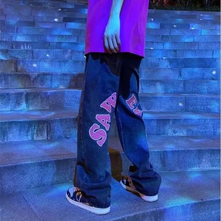 Quần Jeans Nam Nữ  Thêu Chữ Nổi Màu Xanh Và Xám-QJ026 Chất Bò From Rộng Dáng Suông Phong Cách Hàn Quốc