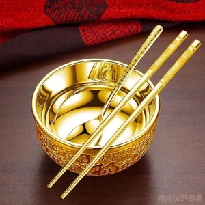 Bát Đũa Thìa Ăn Được Họa Tiết Rồng Phượng, Bộ 3 Món, Màu Cát, Kèm Tiền May Mắn