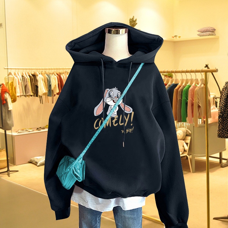 Áo Hoodie Nữ HappyFamily Màu Xanh Rêu Hot Trend Comely Hình Chú Thỏ Xinh Xắn Chất Nỉ Da Cá 100 Cao Cấp