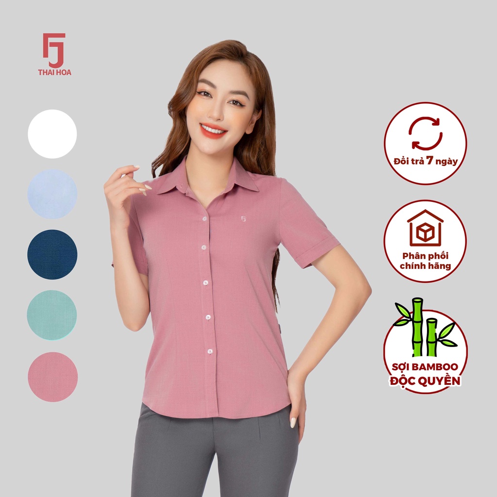 Áo sơ mi R11 nữ ngắn tay chất liệu sợi tre vải xước Thái Hòa công nghệ cổ Đức