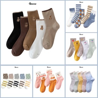 Set 5 đôi tất vớ nữ cổ cao GOMTAT mẫu tổng hợp màu sắc họa tiết dễ thương, chất liệu cotton mềm mại - UYE-CBCC