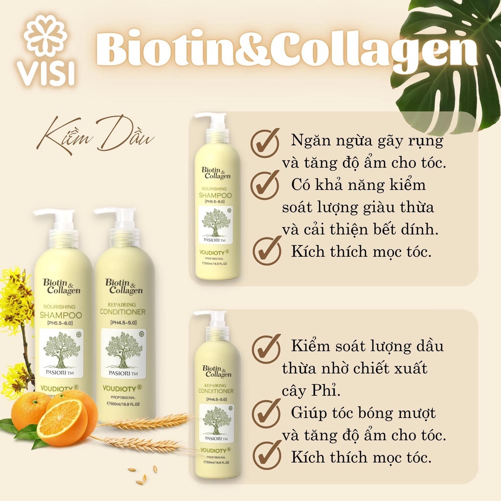 Combo Dầu Gội Xả Biotin Collagen Voudioty Xanh Lá giúp giảm rụng tóc, kiềm dầu 500ml-1000ml