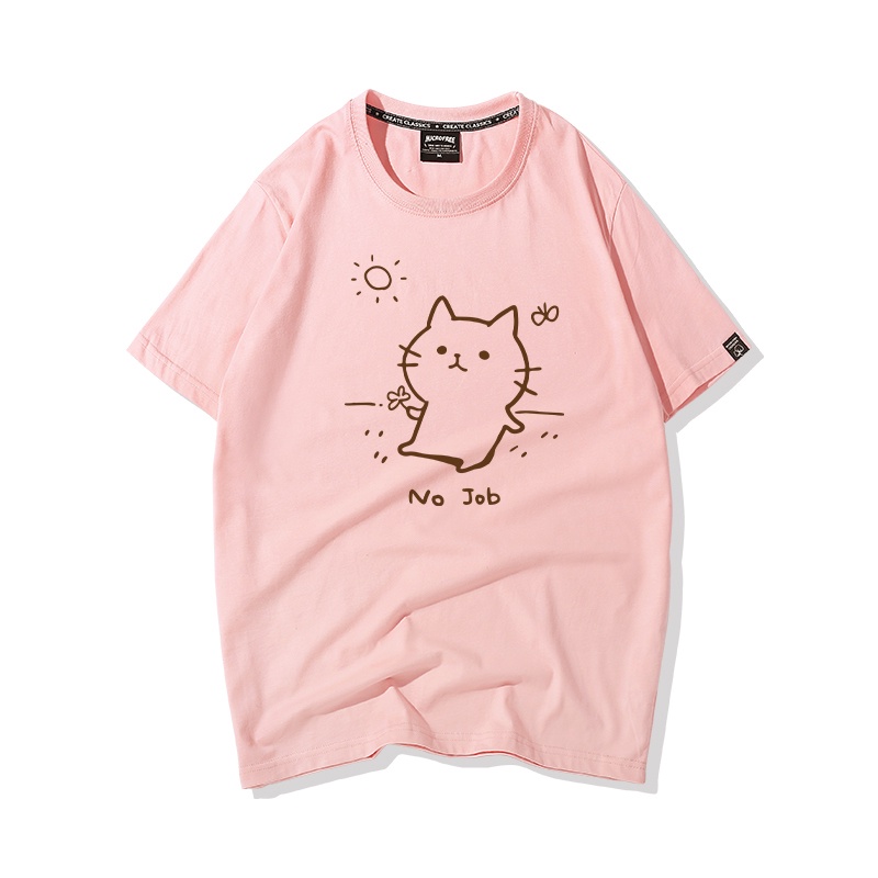 Áo Thun Nữ Tay Lỡ HappyFamily In Hình Chú Mèo Đáng Yêu Ngộ Nghĩnh No Job Cotton 100 Cao Cấp