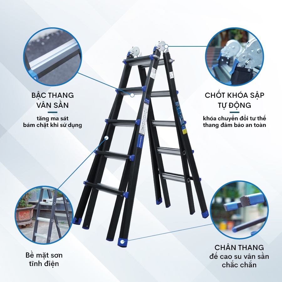 Thang Nhôm Gấp Và Rút Đa Năng 4 Đoạn 5,5m ADVINDEQ AML45, linh hoạt 5 tư thế, khóa sập tự động an toàn, tải trọng 150kg