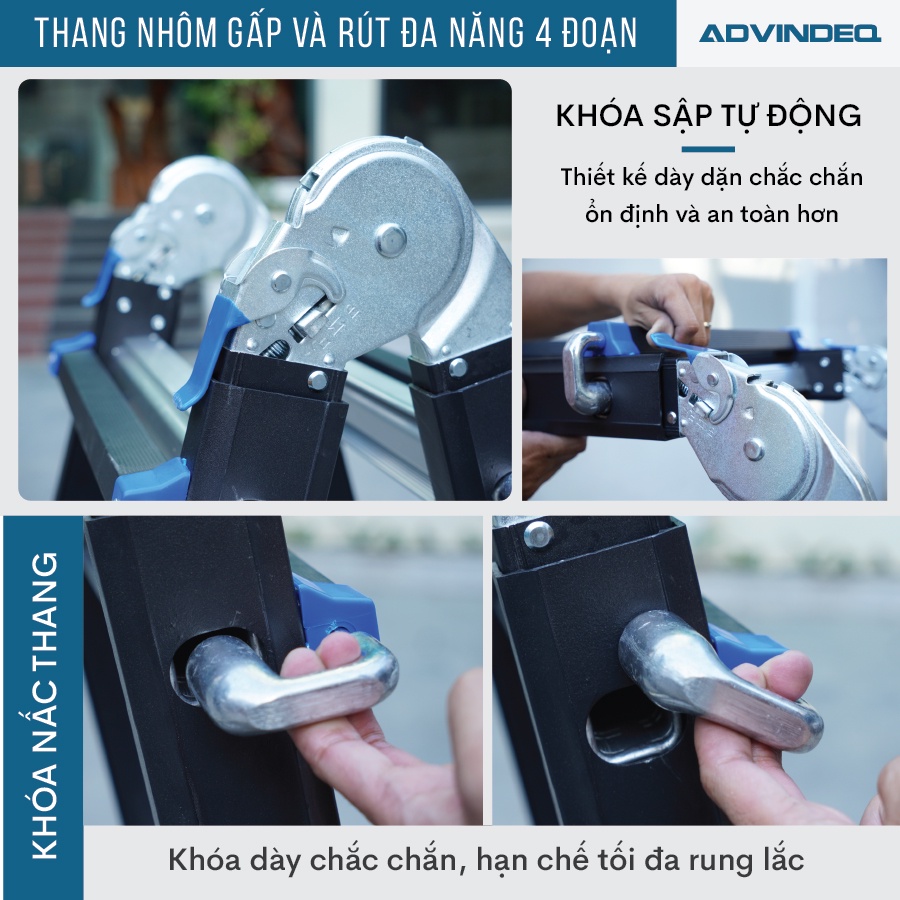 Thang Nhôm Gấp Và Rút Đa Năng 4 Đoạn 5,5m ADVINDEQ AML45, linh hoạt 5 tư thế, khóa sập tự động an toàn, tải trọng 150kg
