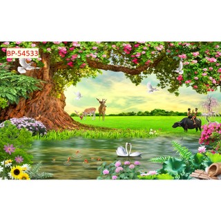 Tranh 3D phong cảnh sông suối nên thơ, cánh đồng hoa nở rộ, mặt hồ xanh biếc tĩnh lặng