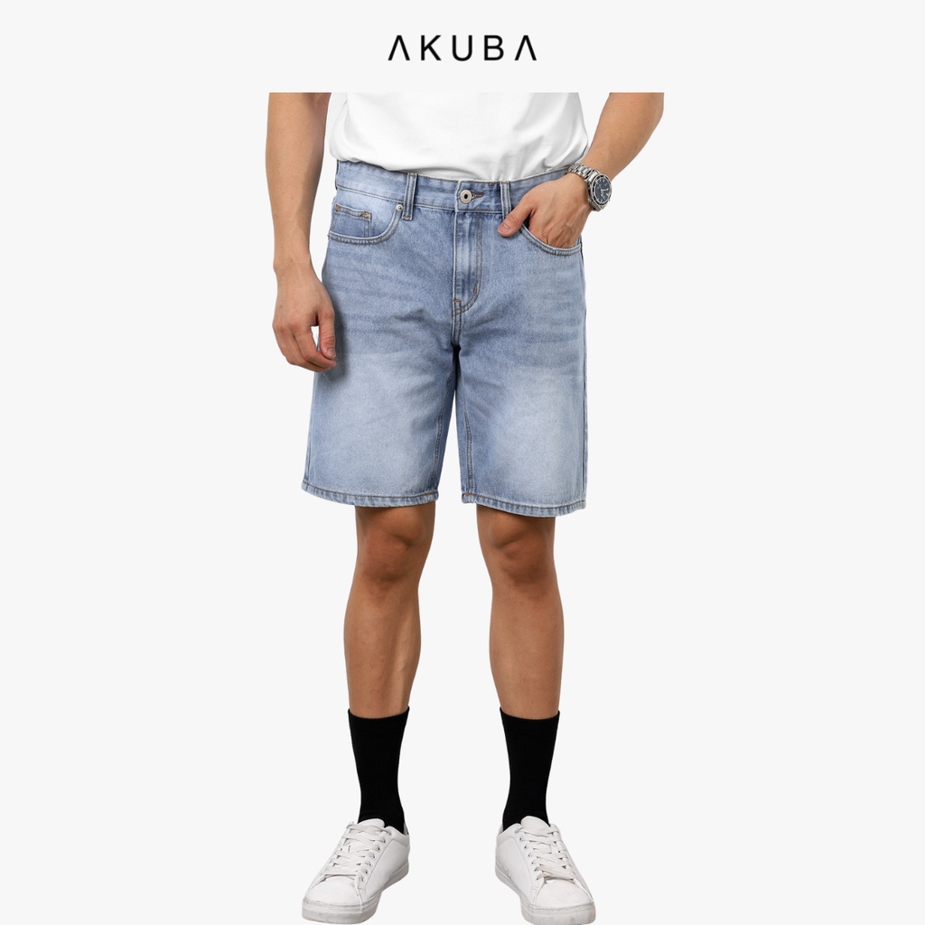 Quần short jean Nam trơn co giãn AKUBA chất liệu Denim, độ dày vừa phải, phong cách Hàn Quốc  01D0218