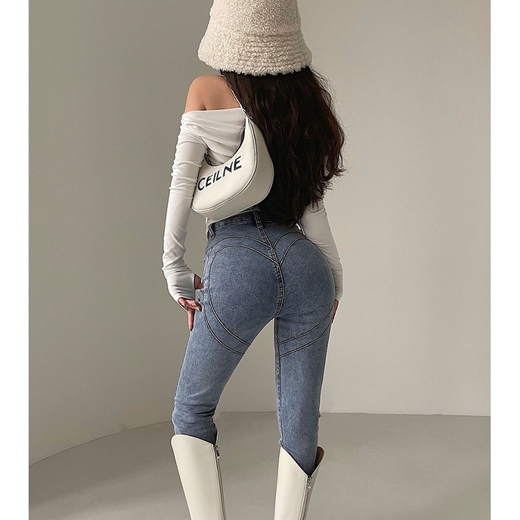 Nhìn Tall Slimmer Look Long Foot!Quần Jean Dài Lưng Cao Dáng Ôm Co Giãn Tốt Kiểu Âu Mỹ Cá Tính