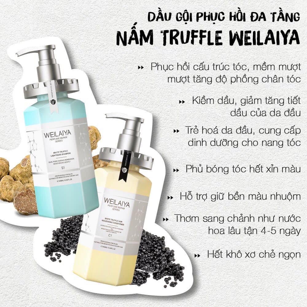 Combo Dầu Gội Xả phục hồi nấm đa tầng Truffle WEILAIYA 450ml tặng set mini