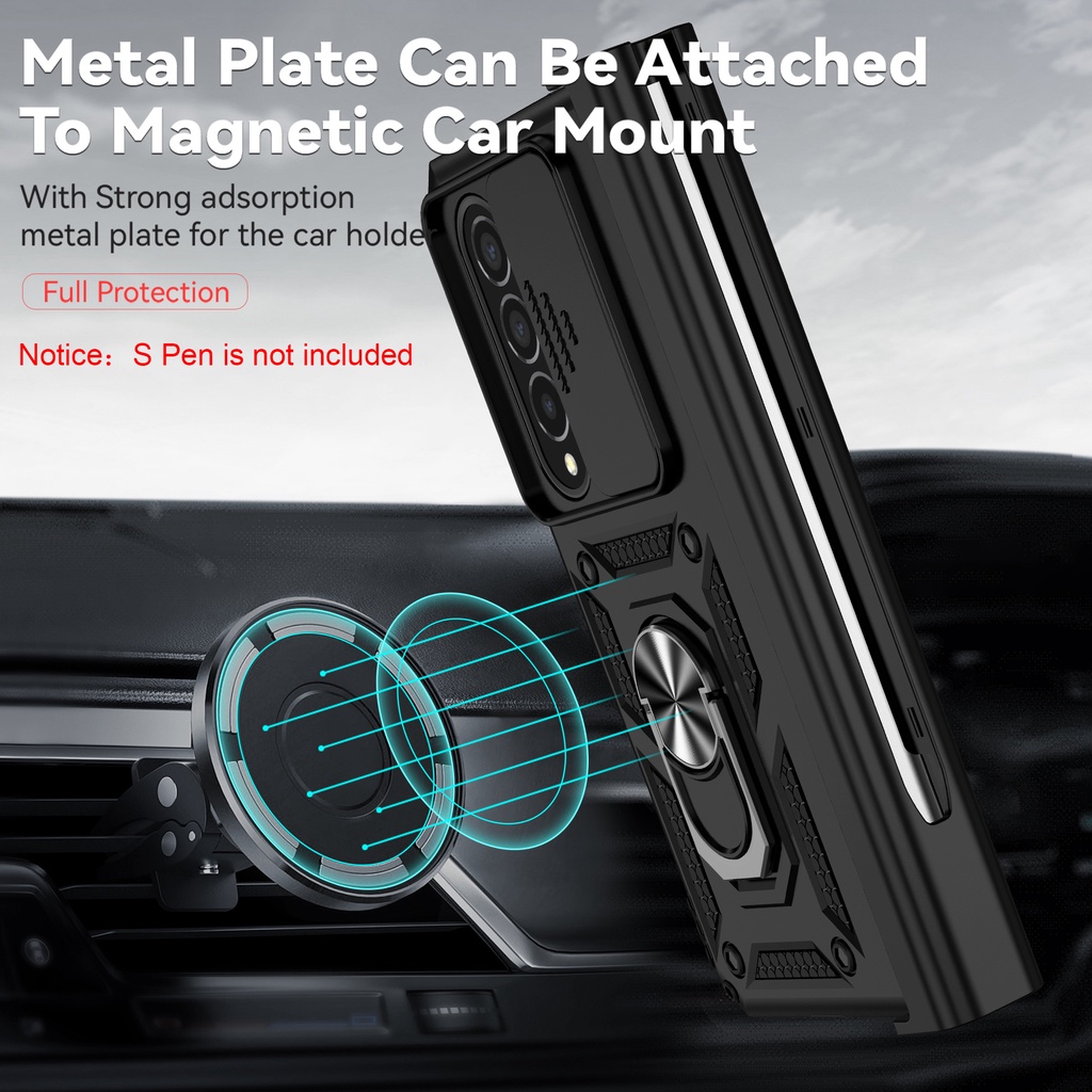 Có khe cắm bút S Vỏ giáp chống sốc cho Samsung Galaxy Z Fold 4 Giá đỡ ô tô Chân đế từ tính Trượt Bảo vệ Camera Vỏ điện thoại Z Fold 4 5G