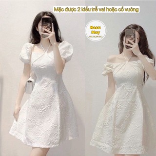 Đầm Cổ Yếm, Váy Trắng Sang Chảnh Chất Xốp In Hoa 2 Kiểu Dáng Xoè, Tay Bồng (xốp in hoa cổ yếm)